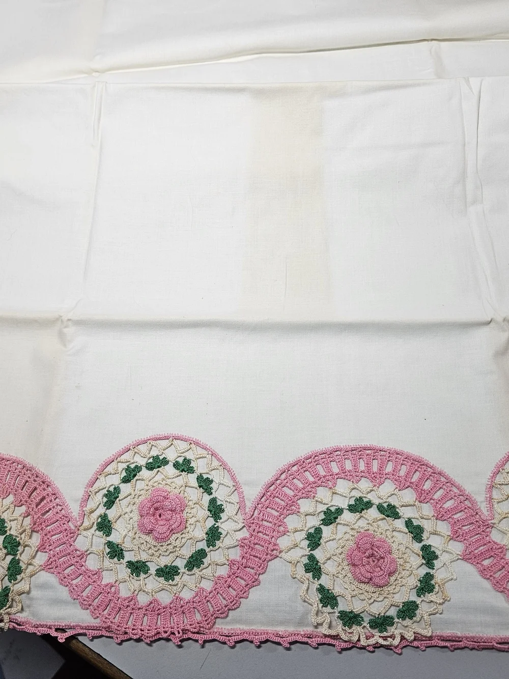 Vintage Handmade White Pillowcases with Pink Crochet Rose Trim